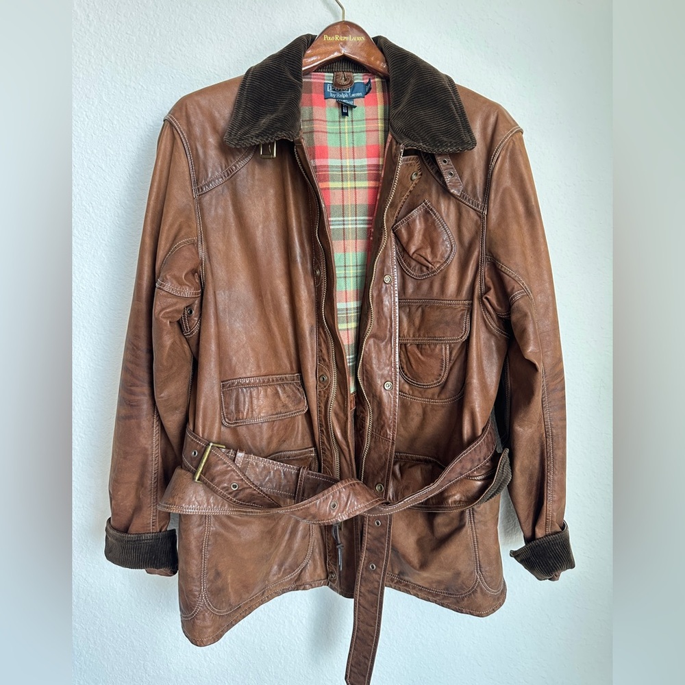 RARE Vintage Polo Ralph Lauren Brown Leather Jacket Biker Chore jacket hybrid XL - Picture 3 of 17